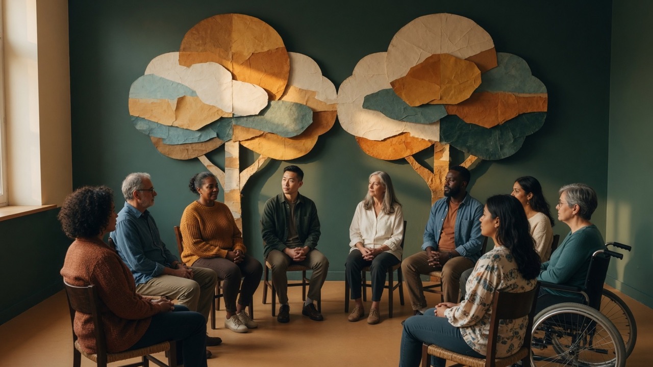 A group reviewing an abstract tabletop plan